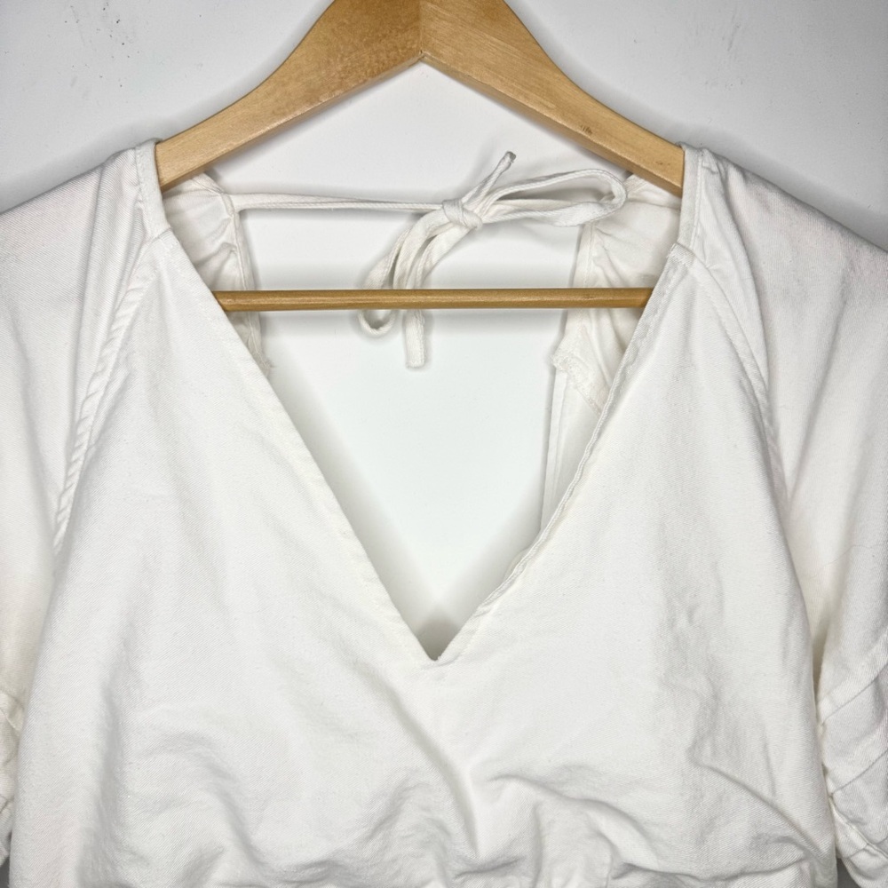Avec Les Filles Open Back Puff Sleeve V-Neck White Cotton Mini Dress Size Small - Picture 5 of 10